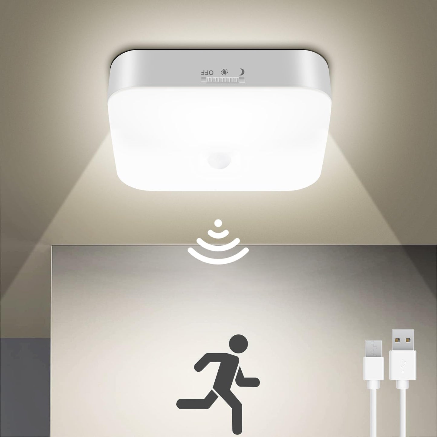 WhitePoplar Rechargeable Motion Sensor Closet Light, Rechargeable Battery Operated Ceiling Light Wireless, 500LM Wireless Motion Activated Light for Shower Stairs Hallway Pantry Porch Garage, 5000K