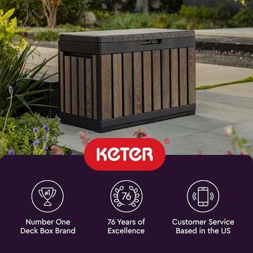 Keter Signature Everwood 50 Gallon Resin Deck Box for Outdoor Storage – Weather‑Resistant Balcony & Patio Box for Cushions, Throw Pillows & Garden Tools, Walnut