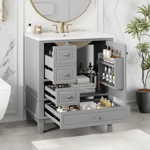 30" Bathroom Vanities with Ceramic Sink, Multi-Functional Modern Wood Storage Cabinet Organizer Door Shelf, Left Side Drawers, Soft-Closing Door, Gray