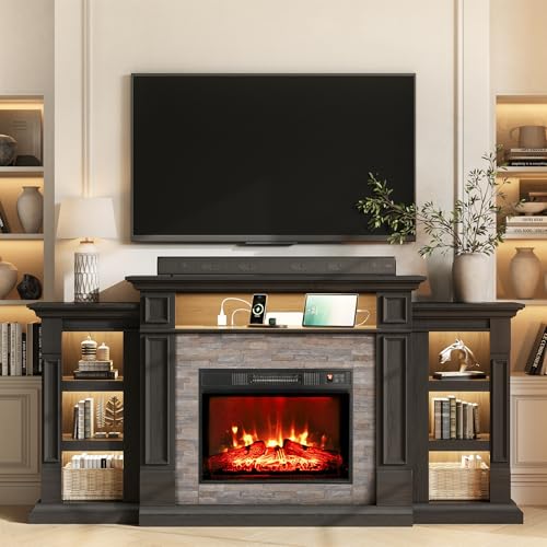 72" LED Fireplace TV Stand with Outlet, Electric Fireplace with Mantel for TVs Up to 80 Inch, Entertainment Center with Storage, Fireplace Heater Insert with 3D Flame Effect for Living Room, Black