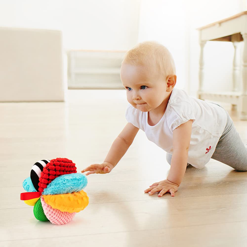 8-in-1 Sensory Balls for Infant Toddlers,Rainbow Fabric Baby Toy for Sensory Development,Montessori Toys for Babies 6-12 Months,8 Different Sensory Tactile Textures with Crinkle Rattle Squeakers