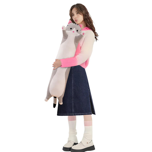 Lovely Plush Cat Doll Cute Cartoon Soft Stuffed Kitten Long Throw Sleeping Pillow Toy Gift for Kids Girlfriend Multiple Size (Grey,90cm/35.4in)