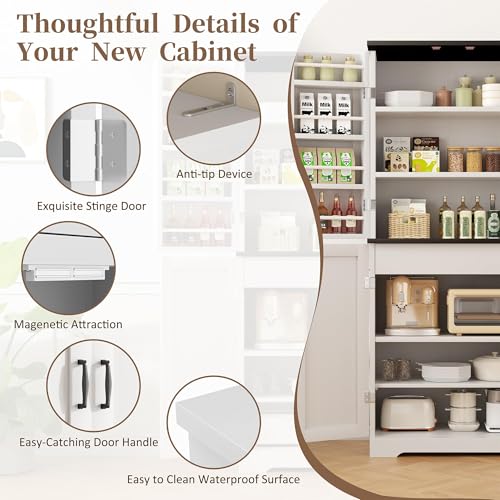 Shintenchi Kitchen Pantry Cabinet, Freestanding Farmhouse Storage Cabinet with 8 Door Shelves, 2 Cabinets and 1 Drawer, Tall Cupboard for Kitchen, Living Room, Dining Room and Bathroom, White