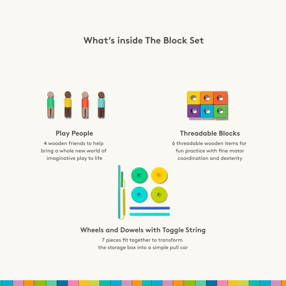 LOVEVERY | The Block Set | Solid Wood Building Blocks and Shapes + Wooden Storage Box, 70 Pieces, 18 Colors, 20+ Activities, Toddler Block Set and Converts into a Pull Car, Ages 12 to 48+ months