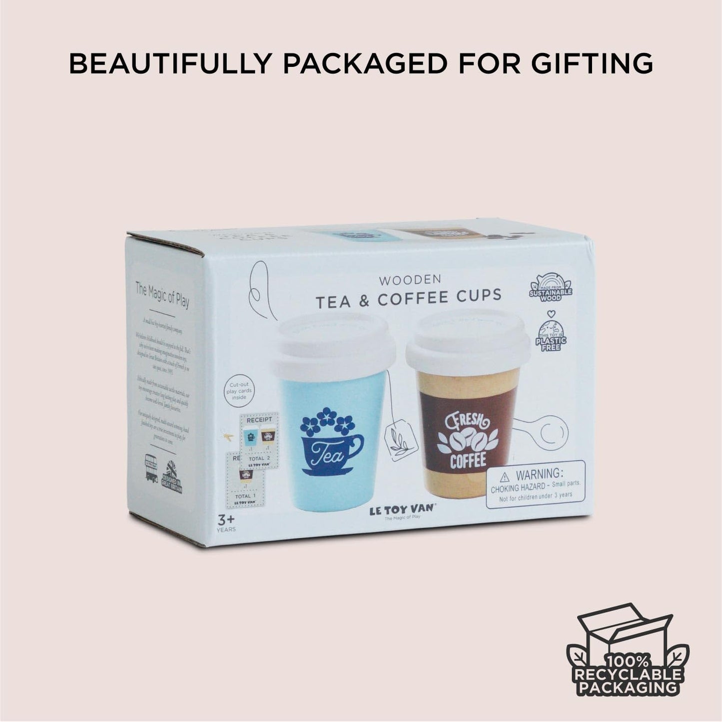 Le Toy Van - Honeybake - Take Away Coffee Cup and Tea Cup - Travel Mug Set - Kids Kitchen Accessories - Role Play Wooden Play Food - Toy Kitchen Accessories - Wooden Kitchen Toys - Age 2+ Years