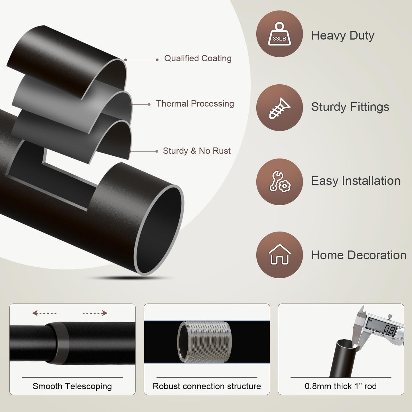 Lootkell Black Curtain Rods for Windows 48 to 84 Inches Adjustable Heavy Duty 1" Diameter Window Curtain Rod with Decorative Finials for Outdoor Farmhouse Bedroom Kitchen Living Room