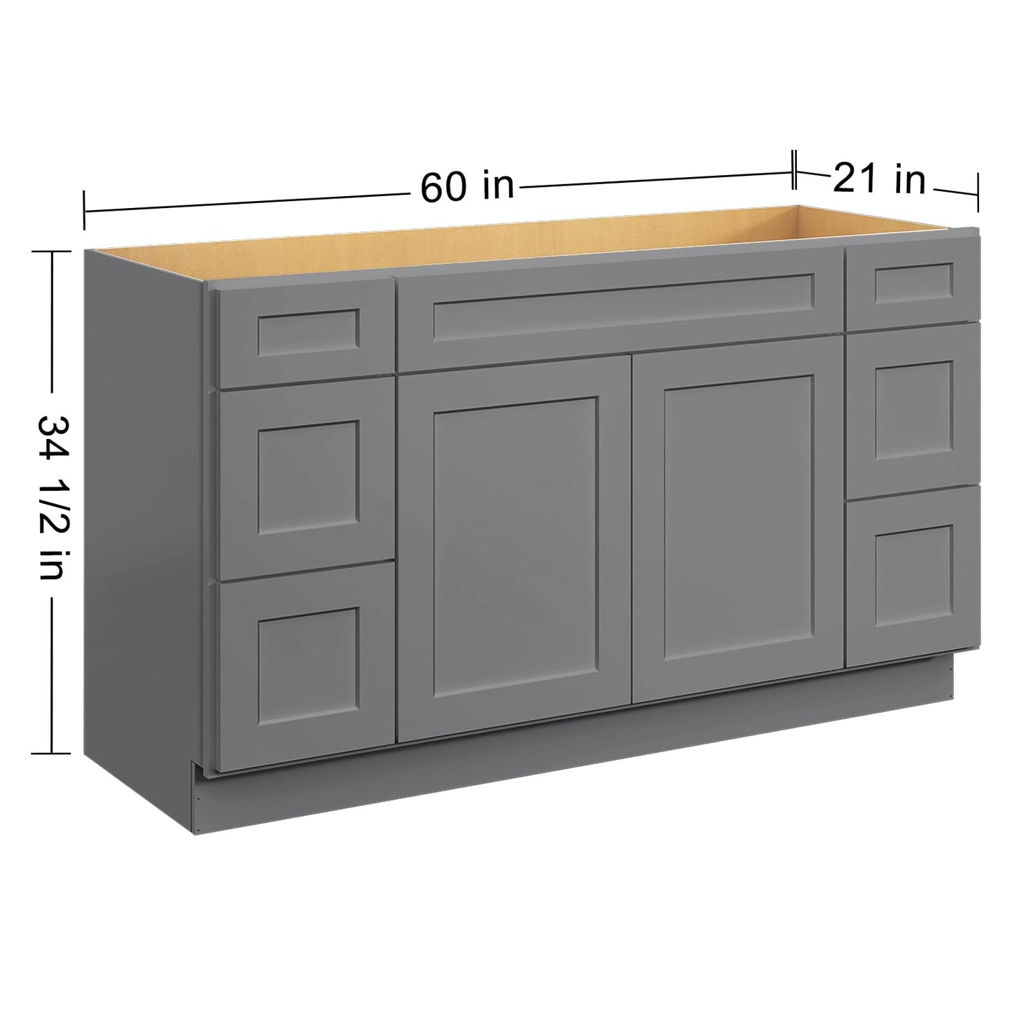 ROOMTEC 60" Assembled Bathroom Vanity Double Drawer Base Cabinet with Soft-Close Door & 6 Drawers, Large Capacity Single Sink for Laundry, Kitchen, Shower & Utility Rooms