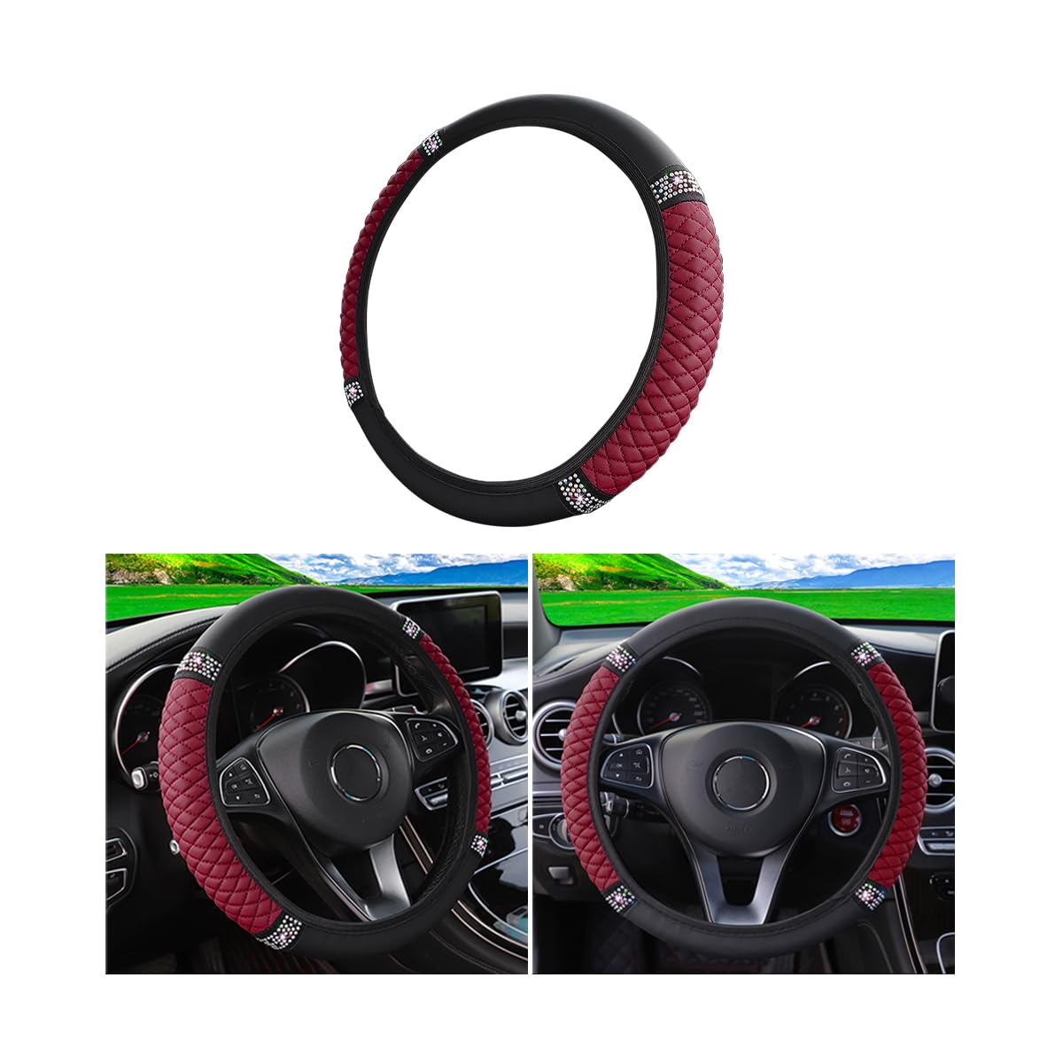 Bling Car Steering Wheel Cover, 15 Inch Rhinestones Soft Leather Elastic Steering Wheel Protector, Sparkly Crystal Diamond for Women Girls, Car Interior Accessories for Most Cars (Black)