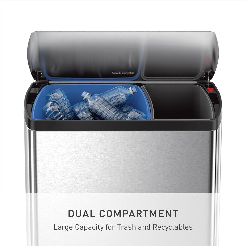 simplehuman Rectangular Dual Compartment Recycling Kitchen Step Trash Can, 46 Liter, Brushed Stainless Steel