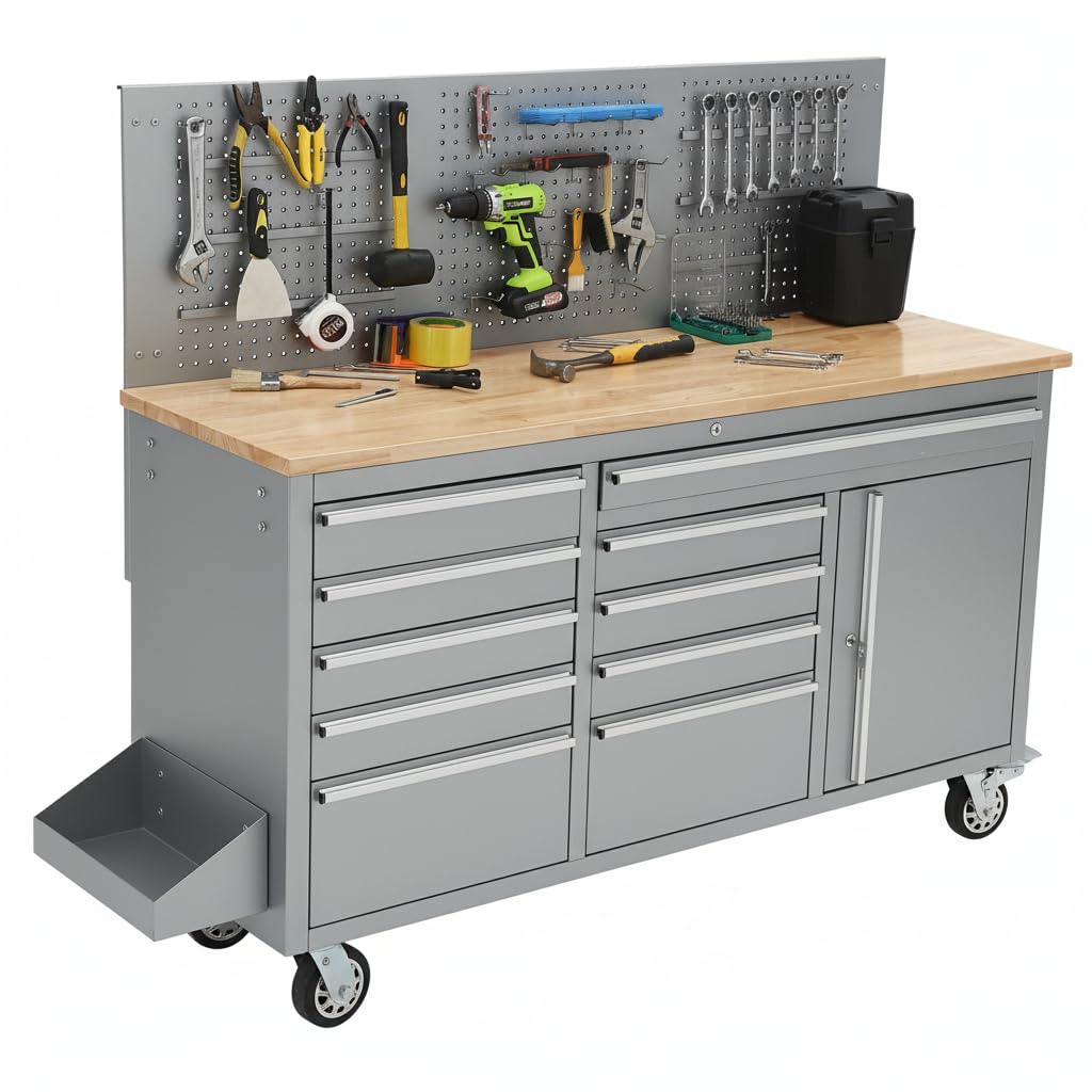 Garvee 61-inch Rolling Tool Chest, 10 Drawers Garage Workbench Storage Tool Cabinet with Power Strip, Solid Rubber Wood Top, 1675 LBS Load Mobile Workstation, Heavy Duty Rolling Cabinet