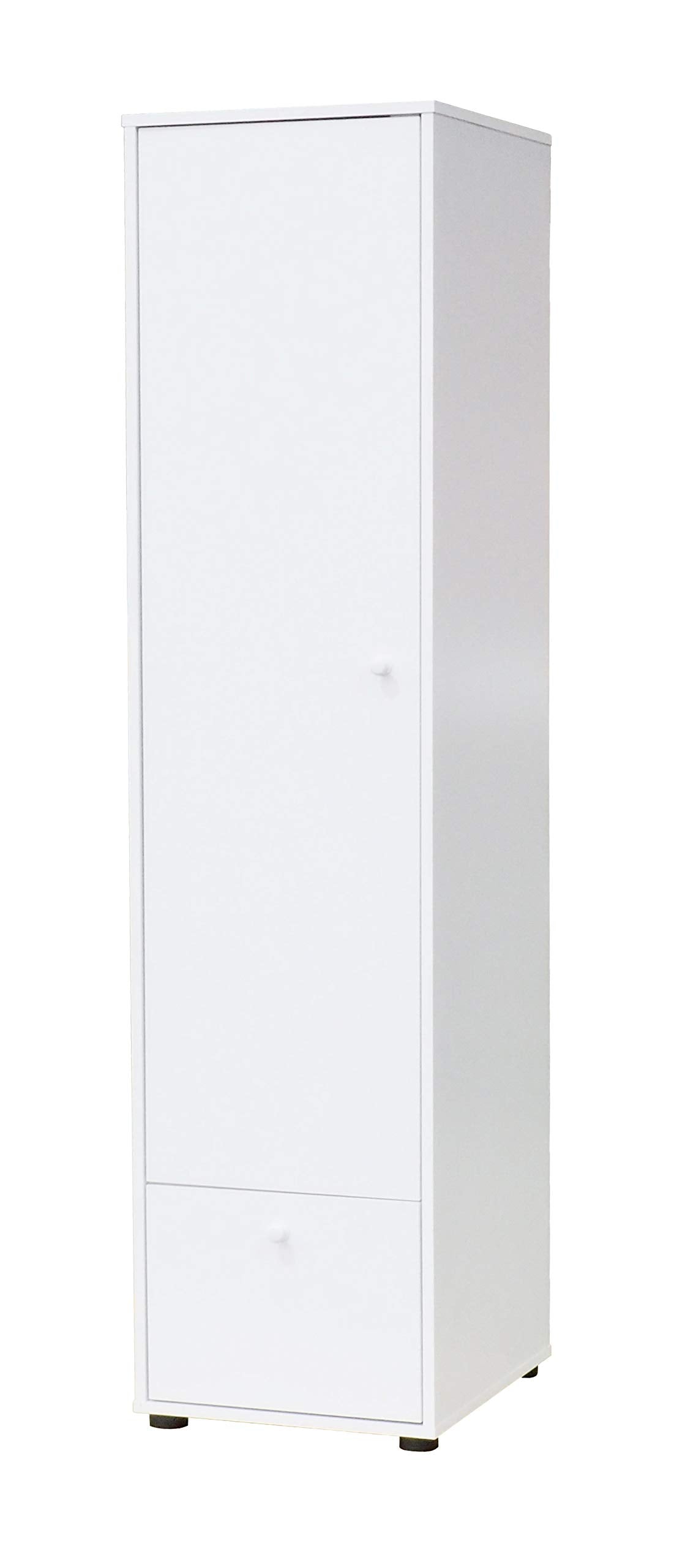 KB Designs Wardrobe Armoire Hanging Storage Closet with Garment Rod, Adjustable Shelf and Drawer, Compact Freestanding Bedroom Organizer Cabinet with Drawer Storage Unit, White