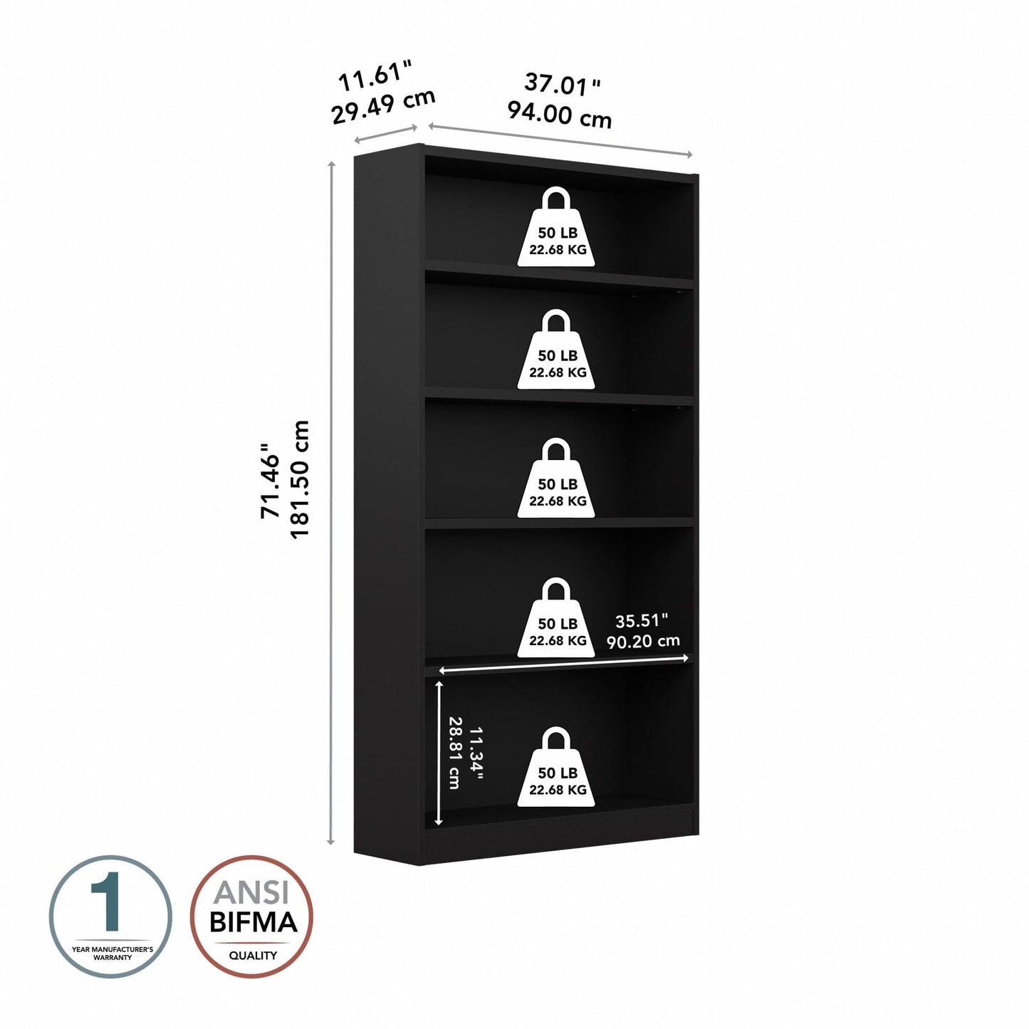 Bush Home Universal Tall 5 Shelf Bookcase in Black, Vertical Storage and Display Bookshelf for Home Office or Living Room Organization