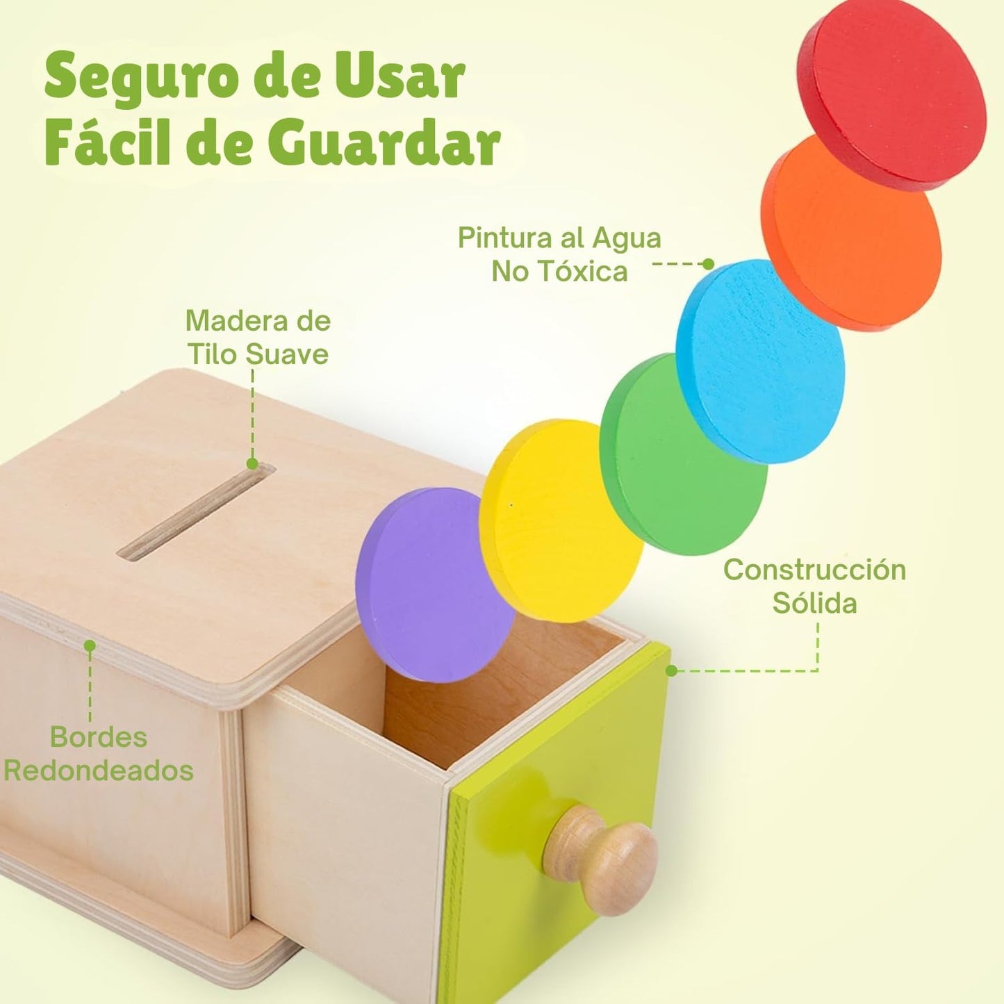 Adena Montessori Coin Box,Object Permanence Box for 1 Year Old Baby Coins,Wooden Ball Drop Developmental Toys for 6-12 Month Infant Toddler,Learning Kids Gifts(Yellow-Green Door)