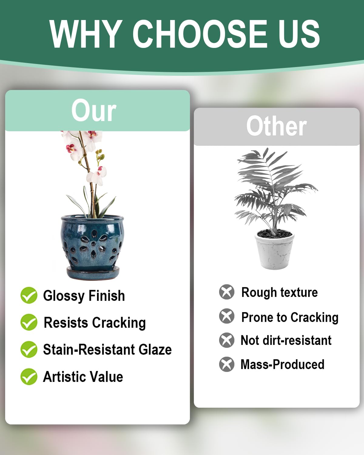 Vensovo 4 Inch Ceramic Orchid Pots with Drainage Holes and Saucers, 2 Pcs Small Planters for Orchids Succulents Repotting, Indoor Outdoor Ceramic Flower Pots for Healthy Root Growth (Blue Brown Mixed)