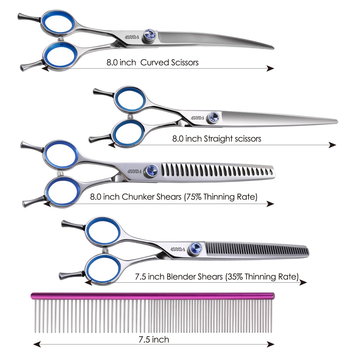 Left Handed Dog Grooming Scissors Kit 8 in Professional Curved Thinning Straight Shear 3pcs Set for Grooming Big Dogs Poodle Pet Japan 440C Stainless Steel(8.0'' Kit, 4Pcs)
