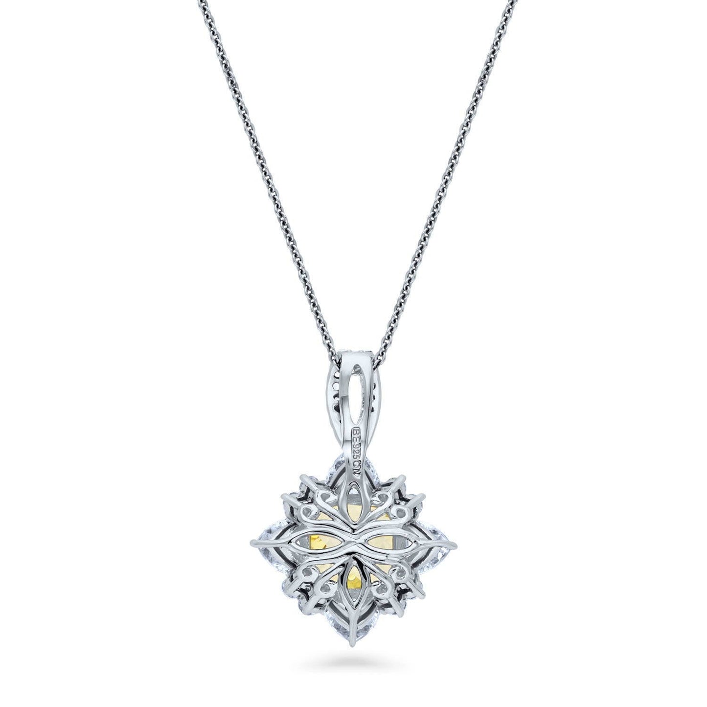 BERRICLE Sterling Silver Halo Canary Yellow Cushion Cut Cubic Zirconia CZ Flower Fashion Necklace and Earrings Set for Women, Rhodium Plated