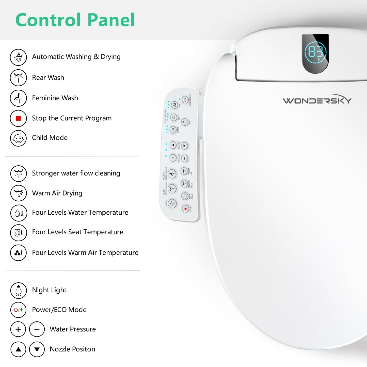 WONDERSKY Elongated Bidet Toilet Seat, Smart Heated Toilet Seat with Warm Water and Dryer, Soft Close Bidet Seat with Adjustable Temperature, Stainless Steel Nozzle