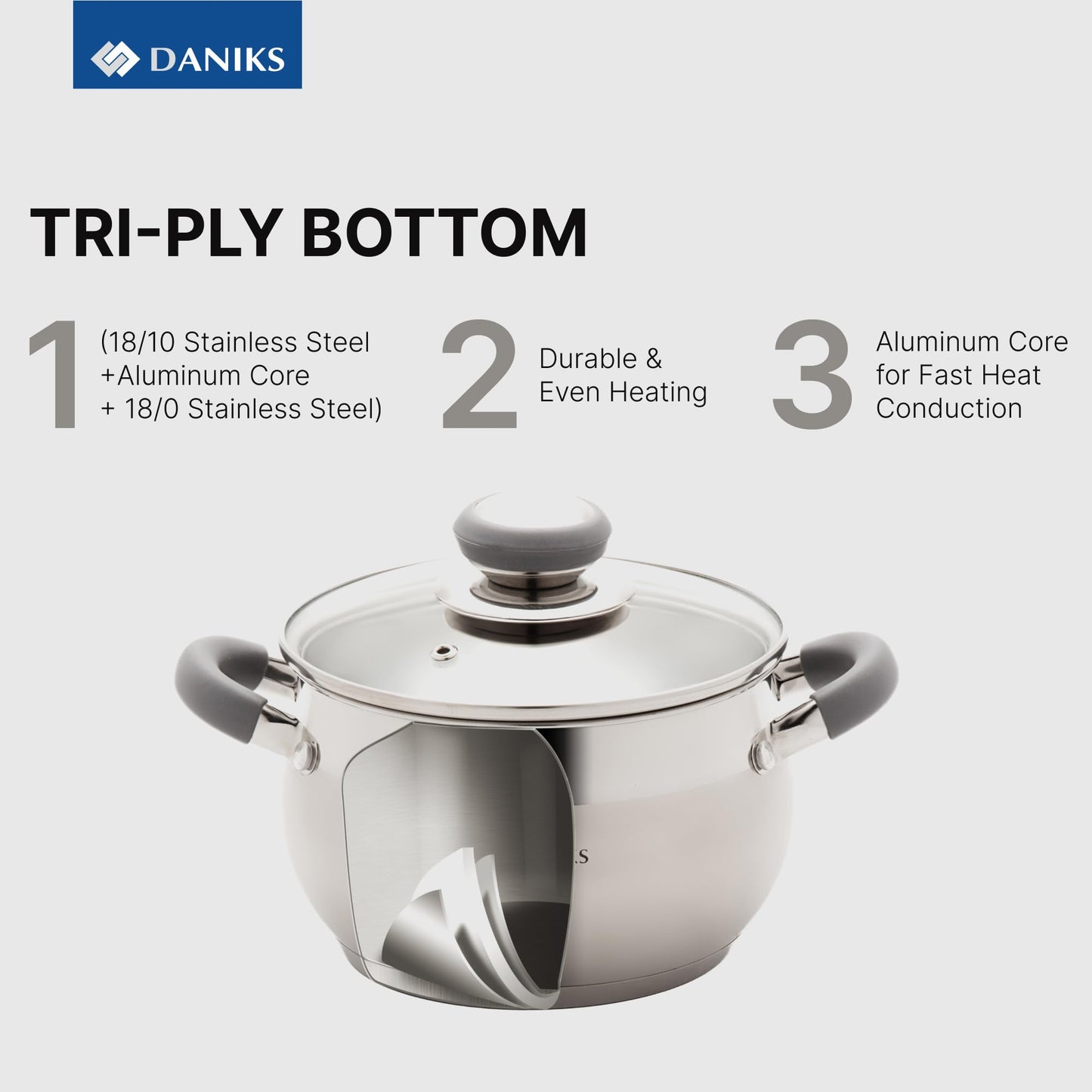Daniks Modern 11-Piece Stainless Steel Cookware Set with Glass Lids, Includes Saucepan and Frying Pan with Lid, Tri-Ply Bases for Even Heating, Induction Compatible, Dishwasher Safe, Heatproof Handles