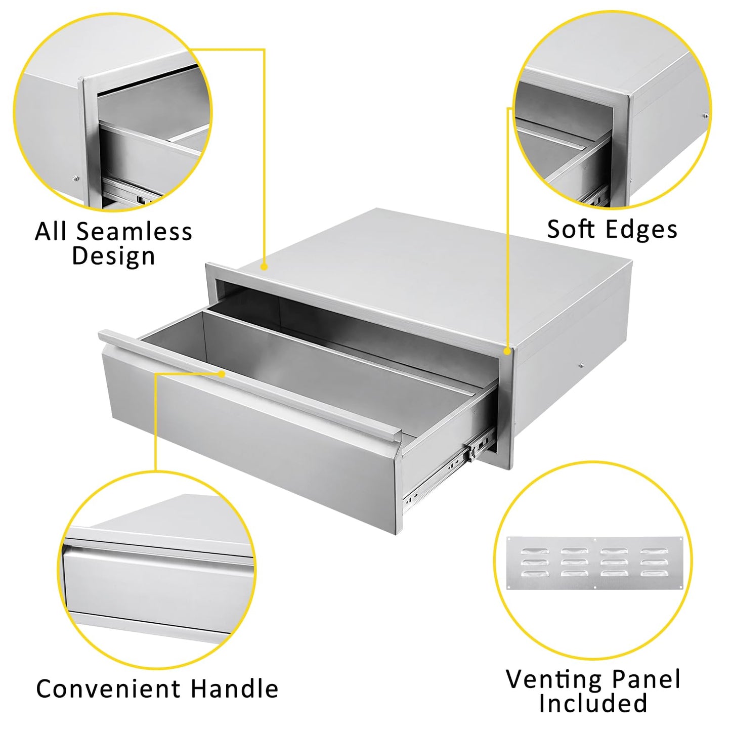 GarveeLife Outdoor Kitchen Drawers - Stainless Steel Flush Mount Triple Access BBQ Drawers, with Divider, Venting Panel for BBQ Island Patio Grill Station, 30Wx23Dx10H inch