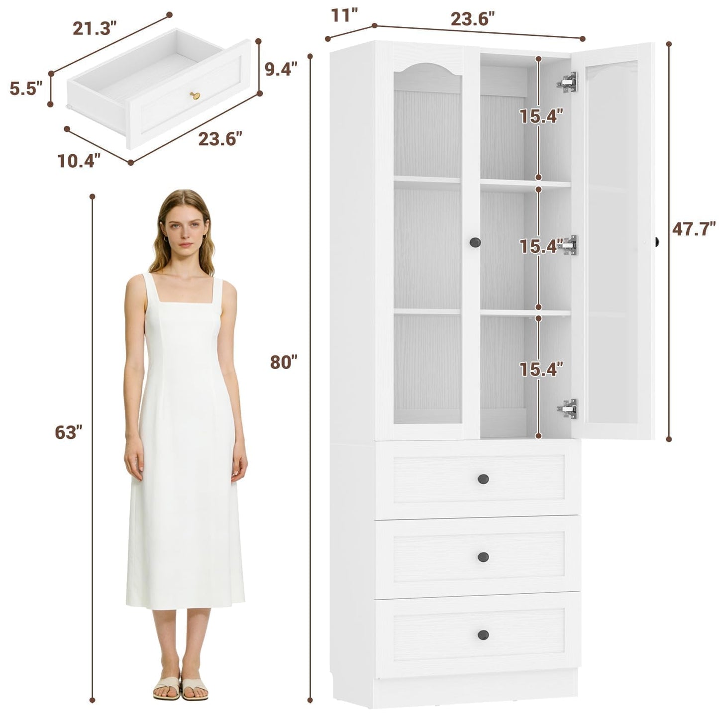 Cyclysio 80" Tall Pantry Cabinet for Kitchen Storage, White Pantry Cabinet with Glass Doors & 3 Drawers - Freestanding Storage Bookcase with Built-in Baseboard Notch for Dining, Living Room