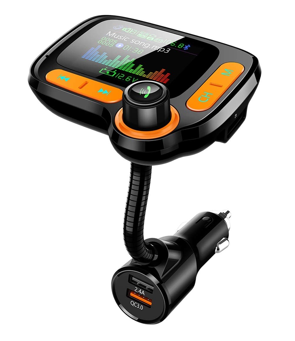 TSNAM Bluetooth FM Transmitter Car Adapter,Support Wireless Handsfree Call and MP3 Music/APP Audio Play,1.8" Color Screen,3 USB Charger,3.5mm AUX Port,Compatible with iPhone,iPad,Samsung and More