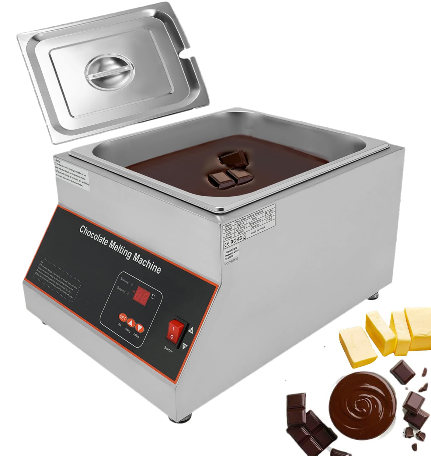 Professional Commercial Chocolate Tempering Machine 26.46 Lbs Single Tank Chocolate Melting Pot with Digital Temp Control 32~203°F, 110V 500W Electric Stainless Steel Chocolate Melter Food Warmer