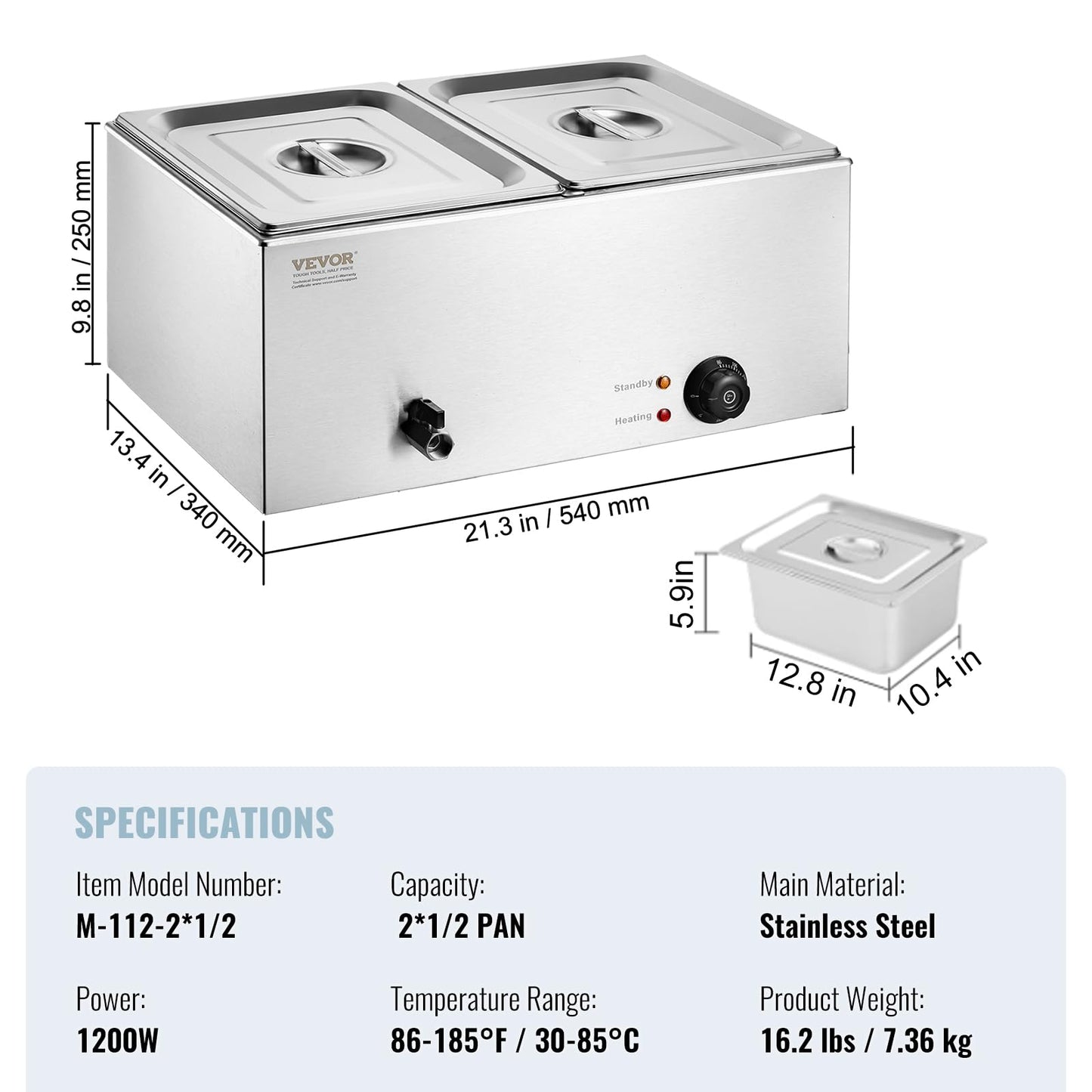 VEVOR 110V 2-Pan Commercial Food Warmer 1200W Electric Steam Table 15cm/6inch Deep Stainless Steel Bain Marie 24 Quart for Buffet Catering, Silver