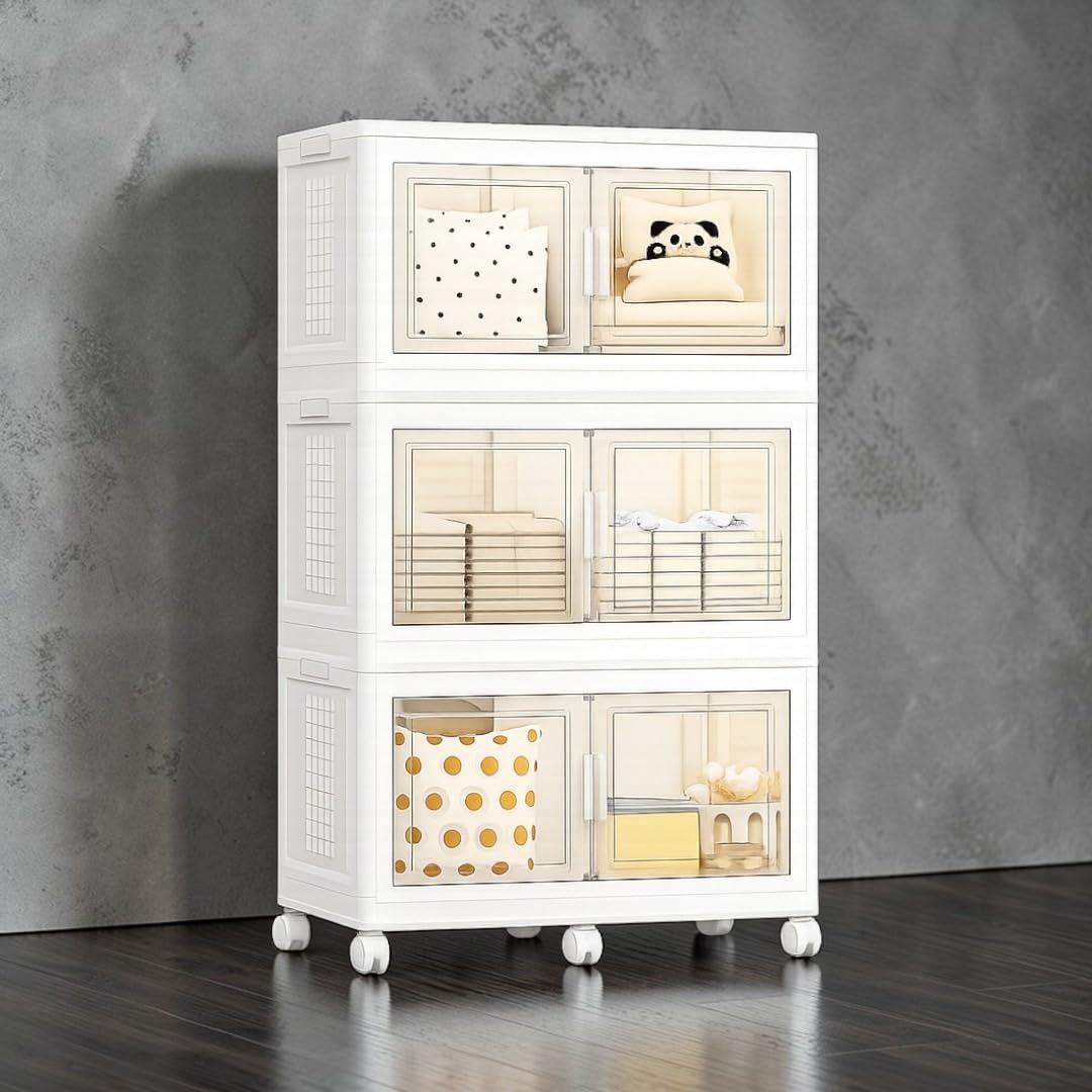 FINCHESCLUB 568QT/141Gal XL Stackable Storage Bins with Lids, Foldable Storage Bins with Doors, Wheels, and Lights - Collapsible Closet Cabinets for Home Office, 3 Pack - White