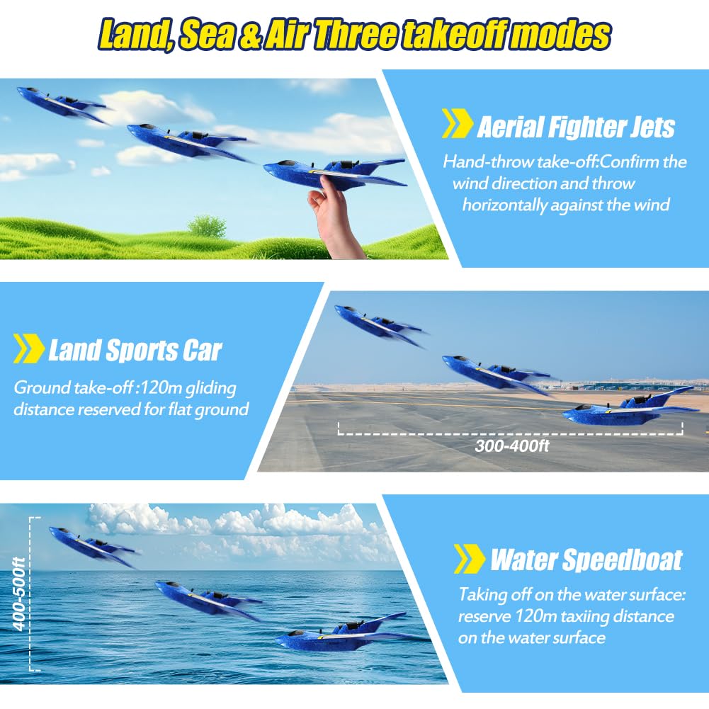 RoofWorld RC Water Plane,RC Airplane for Water Land and Air, Remote Control Airplane Flying Fighter Toys,2.4GHz 6-axis Gyro Stabilizer RTF Glider Aircraft Jet for Kids Adults Beginners Boys (Blue)