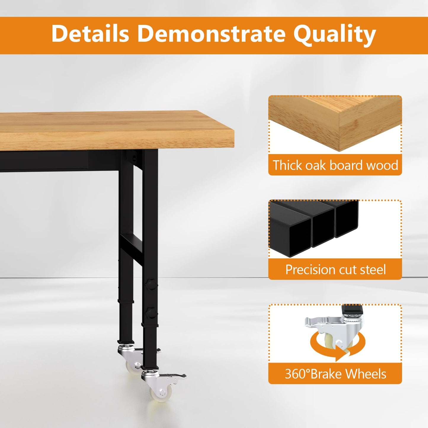 Pelnuies 60" Heavy-Duty Solid Wood Work Bench with Drawers, Adjustable Height Workbench with Wheels, 2000 LBS Capacity Work Table with Power Outlets for Garage, Workshop(60" X 24")