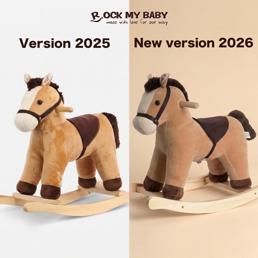 Rock My Baby Rocking Horse, Rocking Animal with Realistic Sound, Stuffed Rocker for Toddlers 18M+, Soft Filling Ride on Pony, Light Brown Horse, CPC Certified