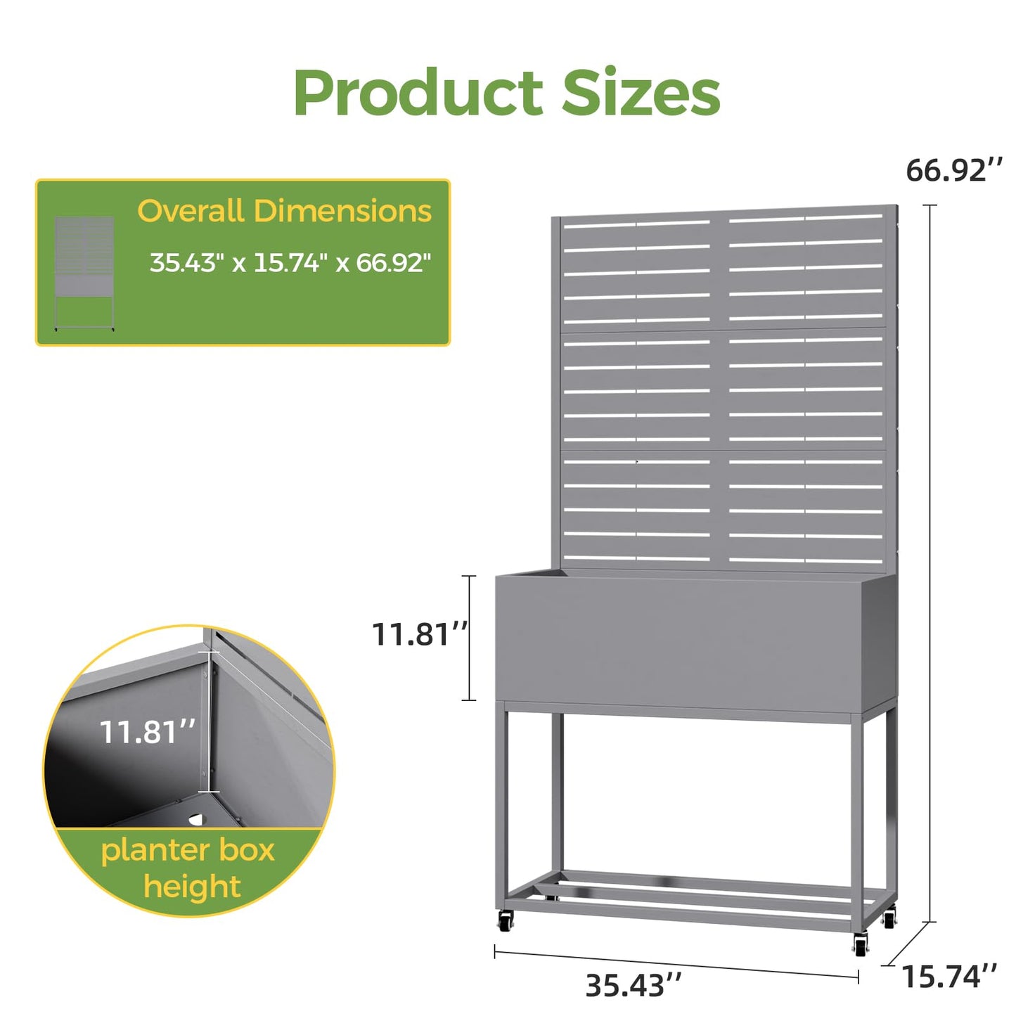 Metal Planter Box with Trellis, 3 in 1 Raised Garden Bed with Trelli & Firewood Rack, Privacy Planter Screen for Climbing Plants, Vine, Outdoor Garden Standing Beds with Drainage Holes, Wheels,Grey
