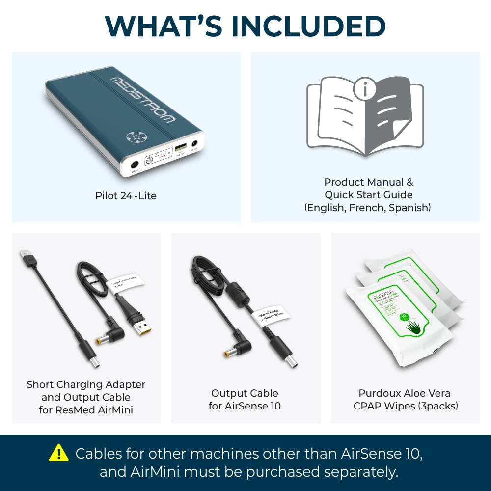 Bundle: Medistrom Pilot 24 Lite with 3 Pack Travel CPAP Wipes - 95Wh CPAP Battery Backup Power Supply for CPAP Machine - Camping Power Bank - Lightweight Portable Battery - TSA Approved CPAP Battery