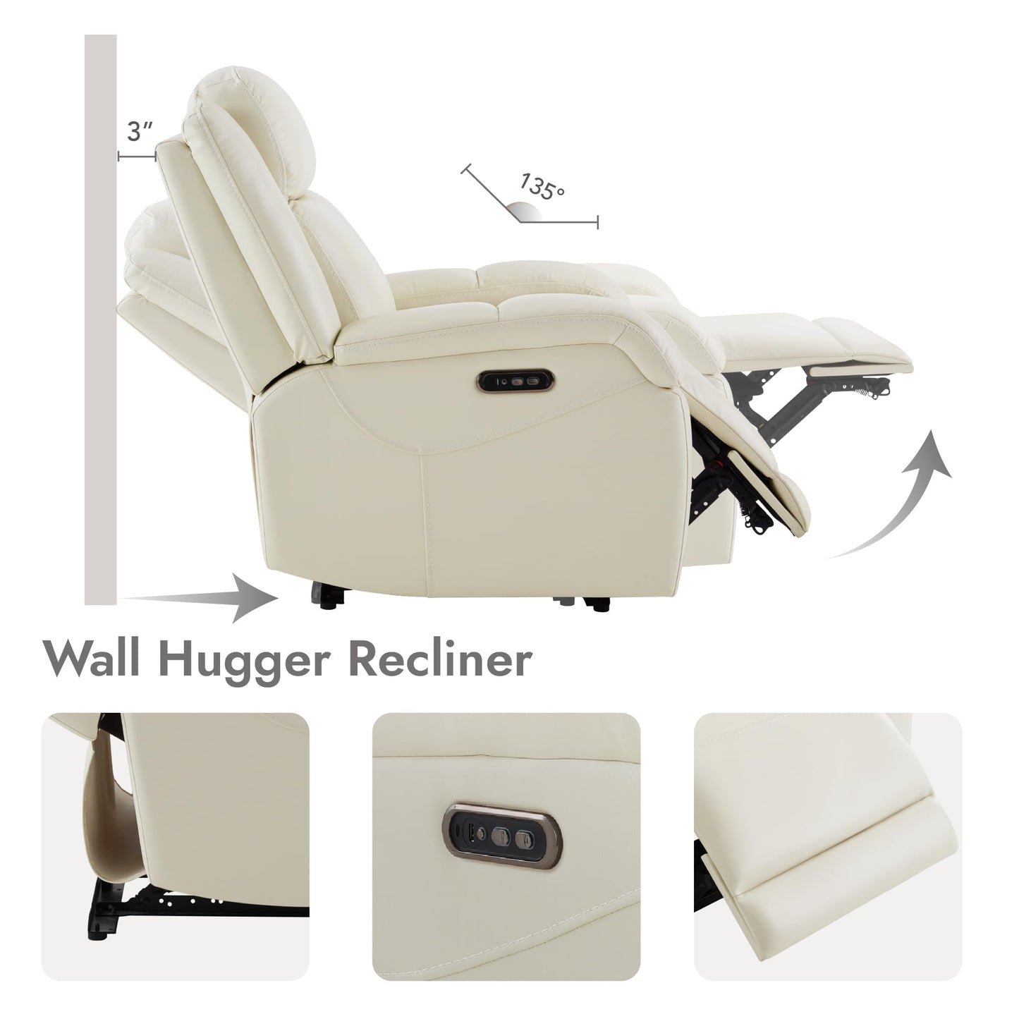 Watson & Whitely Genuine Leather Power Recliner Chairs for Adults, Wall Hugger RV Recliner with Power Headrest & Charging Ports, Electric Recliner Sofa Chair for Living Room, Cream
