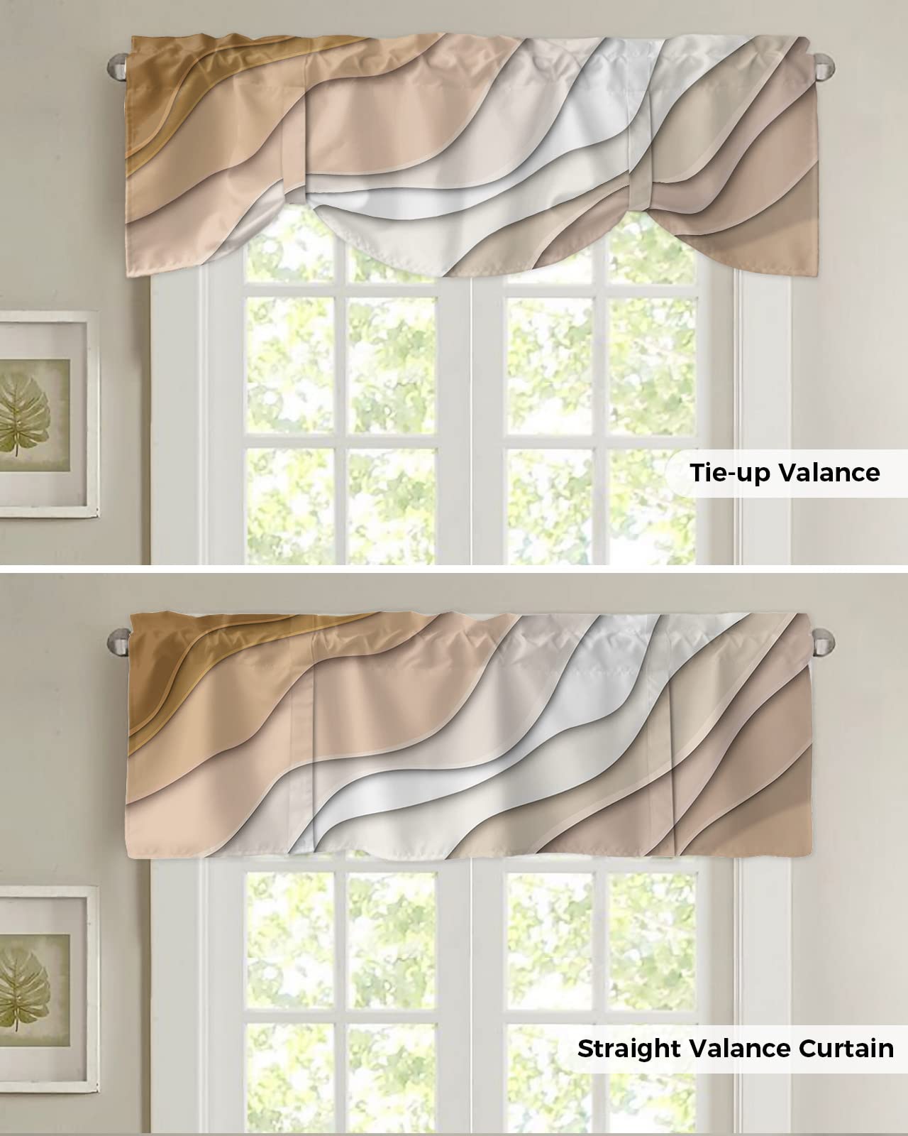 Brown Ombre Tie Up Valance Curtain for Kithchen Windows Brown and White Gradient Modern Abstract Geometric Adjustable Ties Valance Tier Curtain Rod Pocket Valances for Bedroom/Living Room, 54x18in