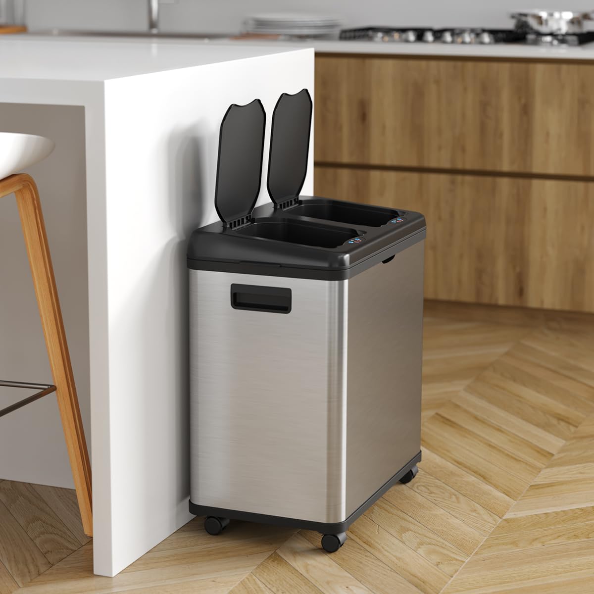 iTouchless 16 Gallon Stainless Steel Dual Compartment Sensor Kitchen Trash Can and Recycle Bin with Wheels – 60L Rectangular Garbage Can with Touchless Motion Sensor Lid & Removable Inner Buckets