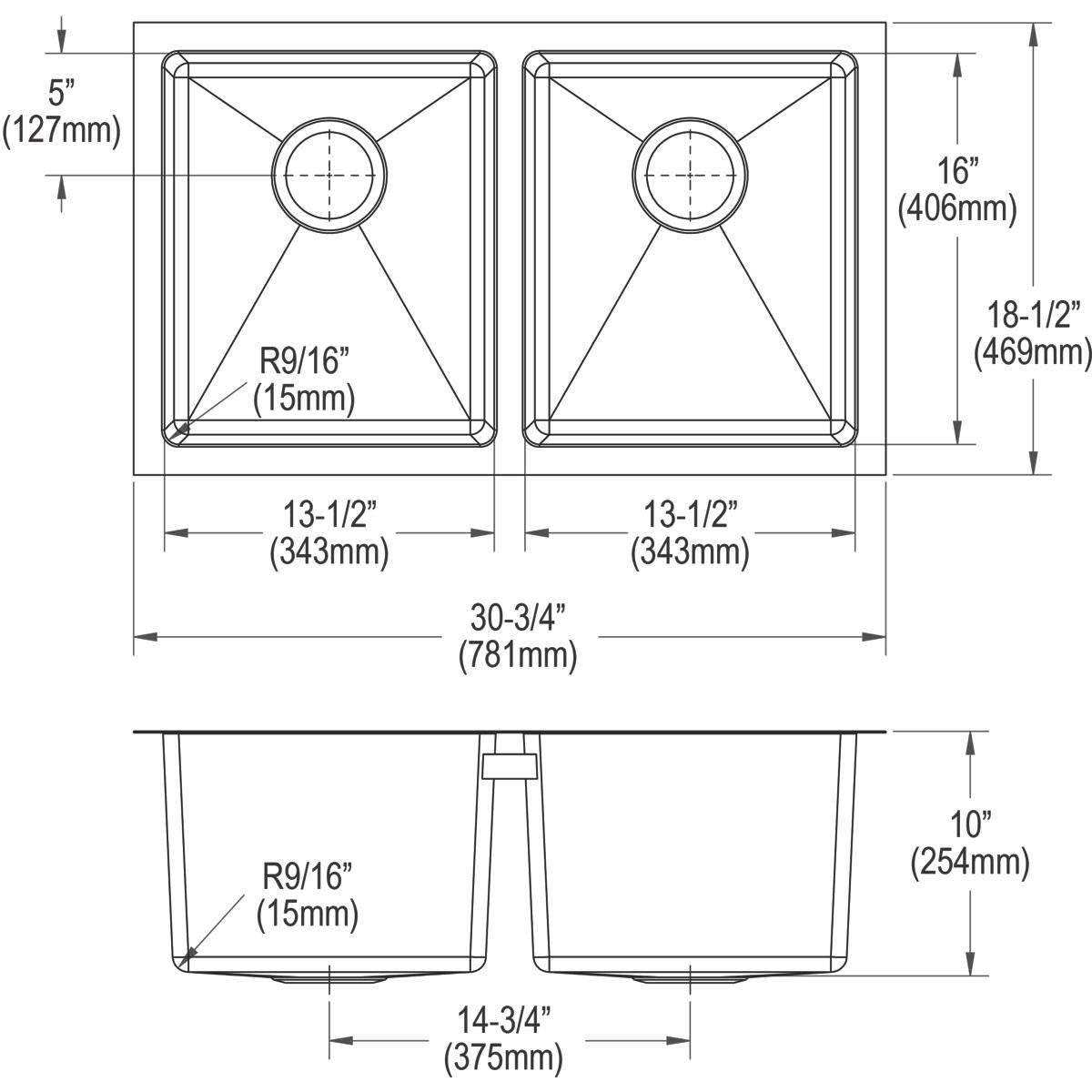 Elkay Crosstown 16 Gauge Stainless Steel 30-3/4" x 18-1/2" x 10" Equal Double Bowl Undermount Sink Kit with Faucet