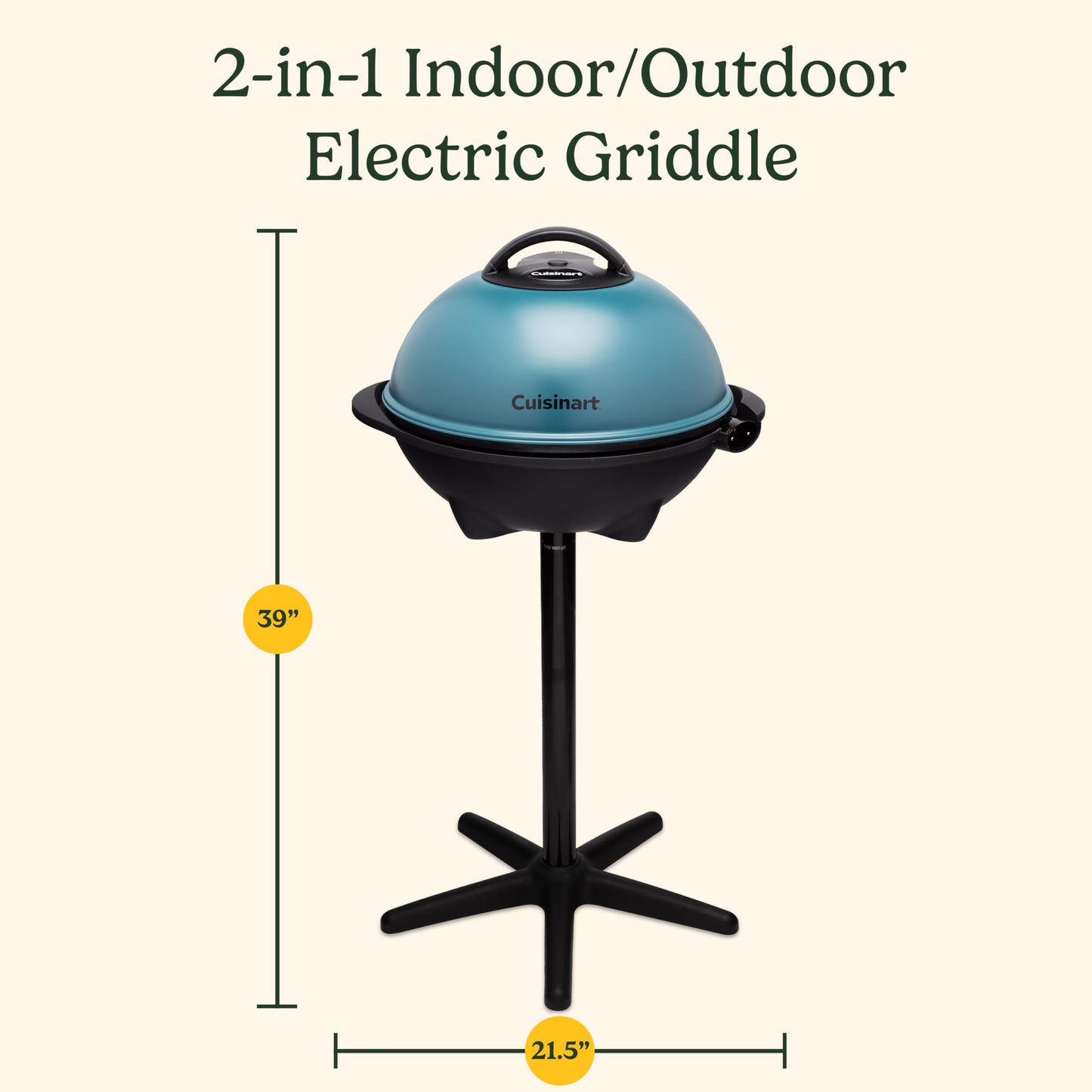 Cuisinart Indoor/Outdoor Electric Griddle, 2-in-1 Portable BBQ with Flat Top Nonstick Cooking Surface, Adjustable Heat, Stand/Tabletop Options for Cookouts, Barbecues & Small Spaces, No Tools Needed