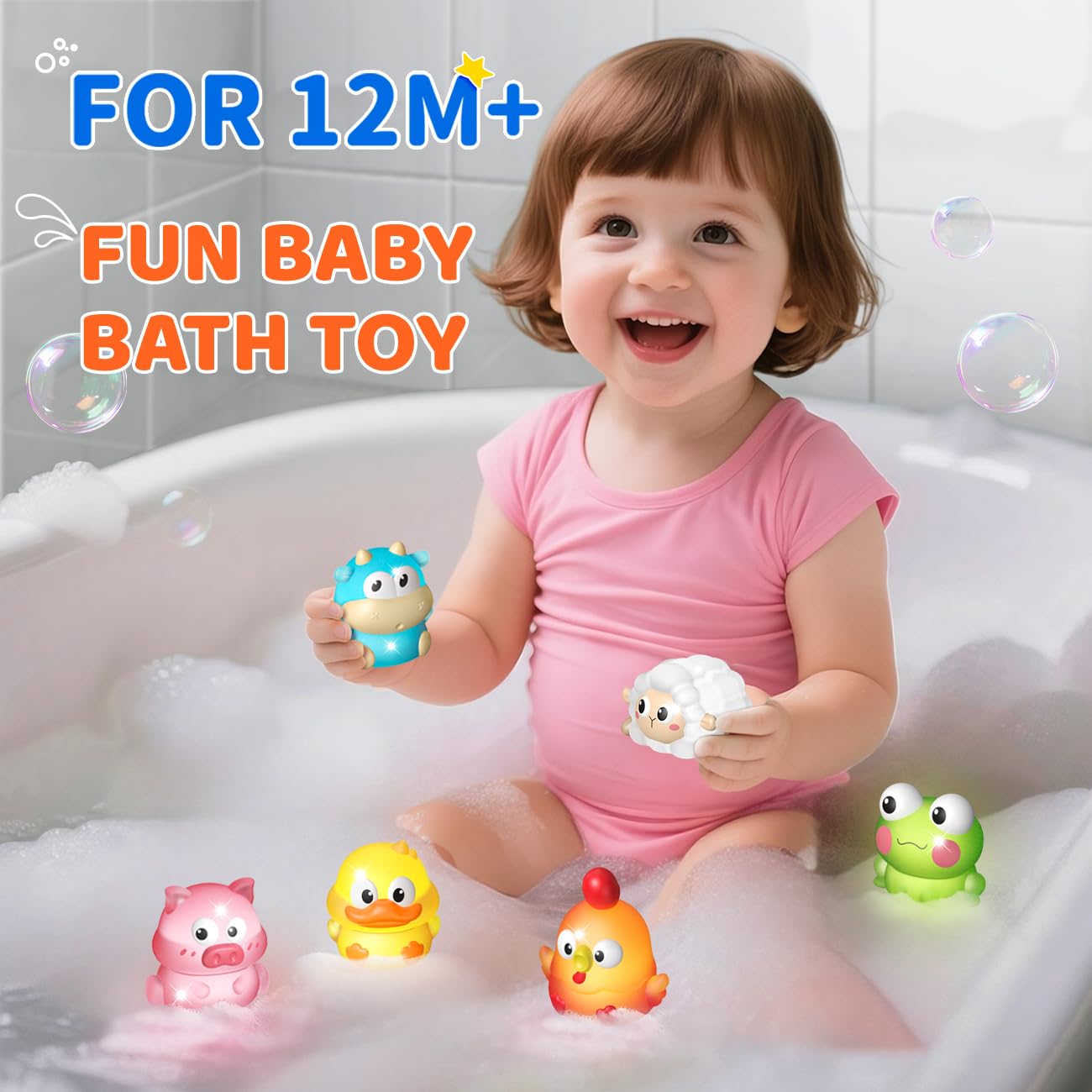 6 Packs Light Up Bath Toys for Kids Ages 1-3, Farm Animals Bathtub Toys for Toddlers 2-4, Water Pool Toys for 1 2 3 Year Old Boys Girls Babies 12-18 Months Gifts