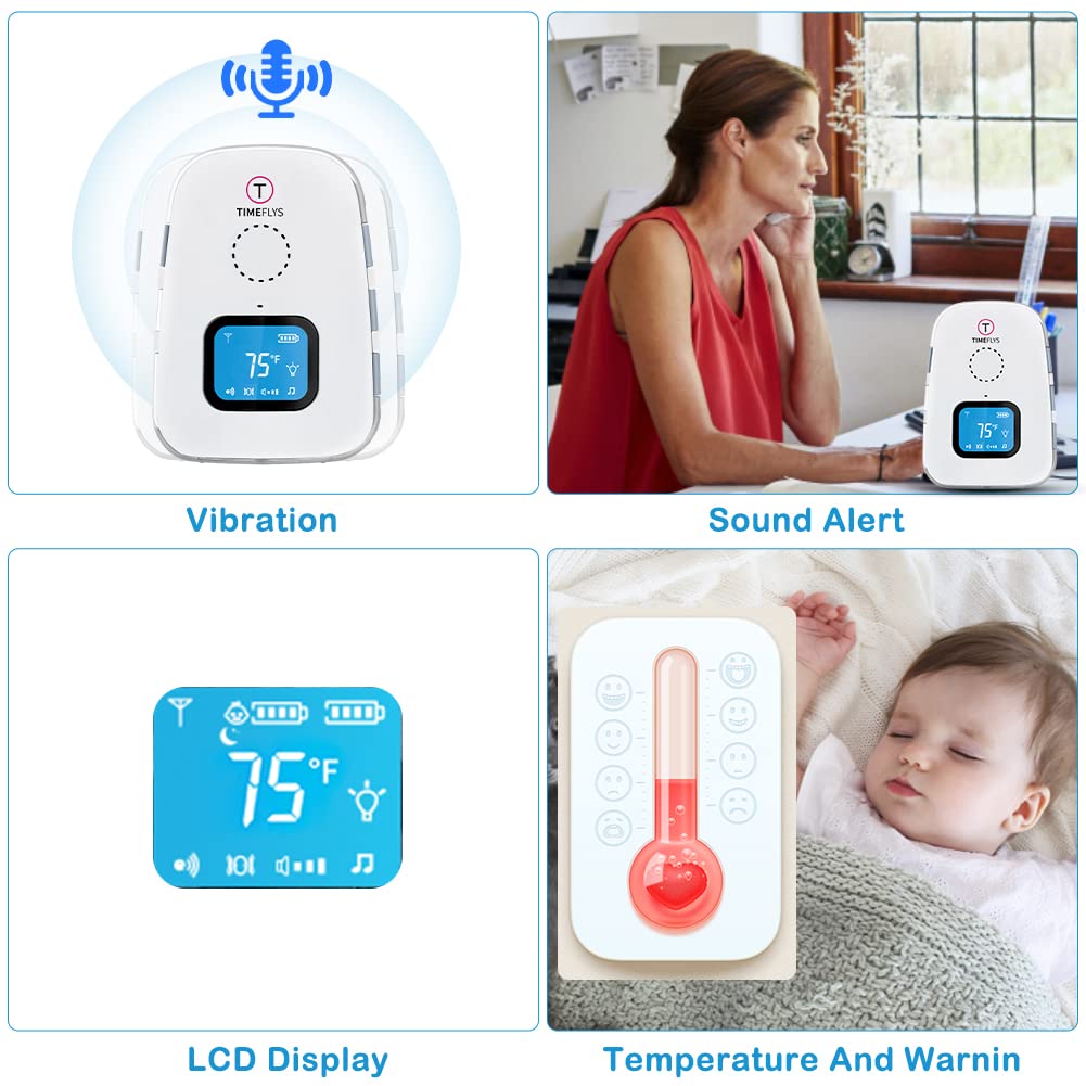 Audio Baby Monitor TimeFlys Twin Crown,Temperature Monitoring,Vibration,Lullabies,Rechargeable Battery,Talk Back Intercom,USB Connection,Zero Emission at Night Mode,Long Range up to 1000 ft