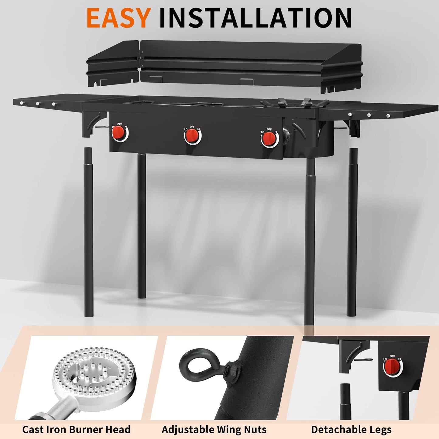 SKOK 3 Burners Portable Propane Stove with Wind Panel&Side Shelves, Camping Propane Stove, Outdoor Stove for Camping