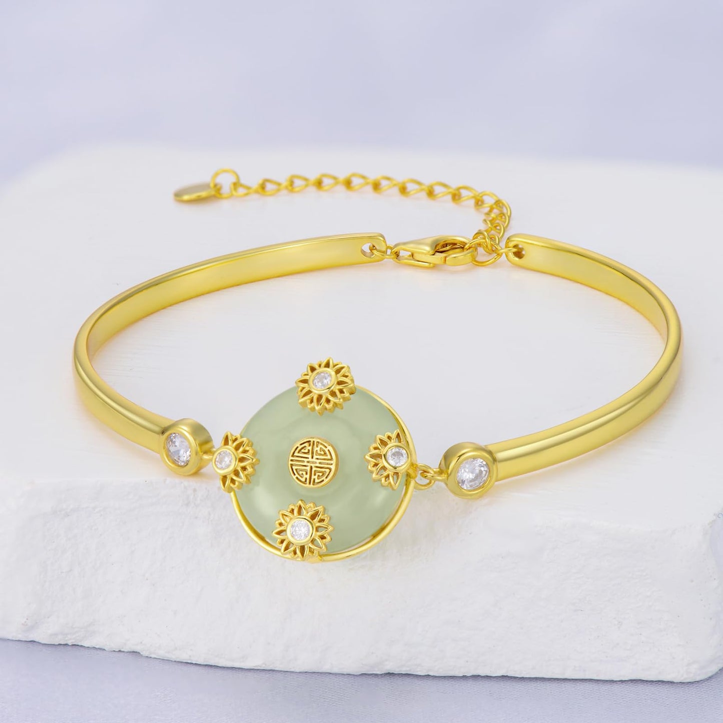 HPQQ Jade Bracelet for Women 14k Gold Plated Sterling Silver Sunflower Bracelet Bangle Jade Jewelry Birthday Mothers Day Gifts for Mom Wife
