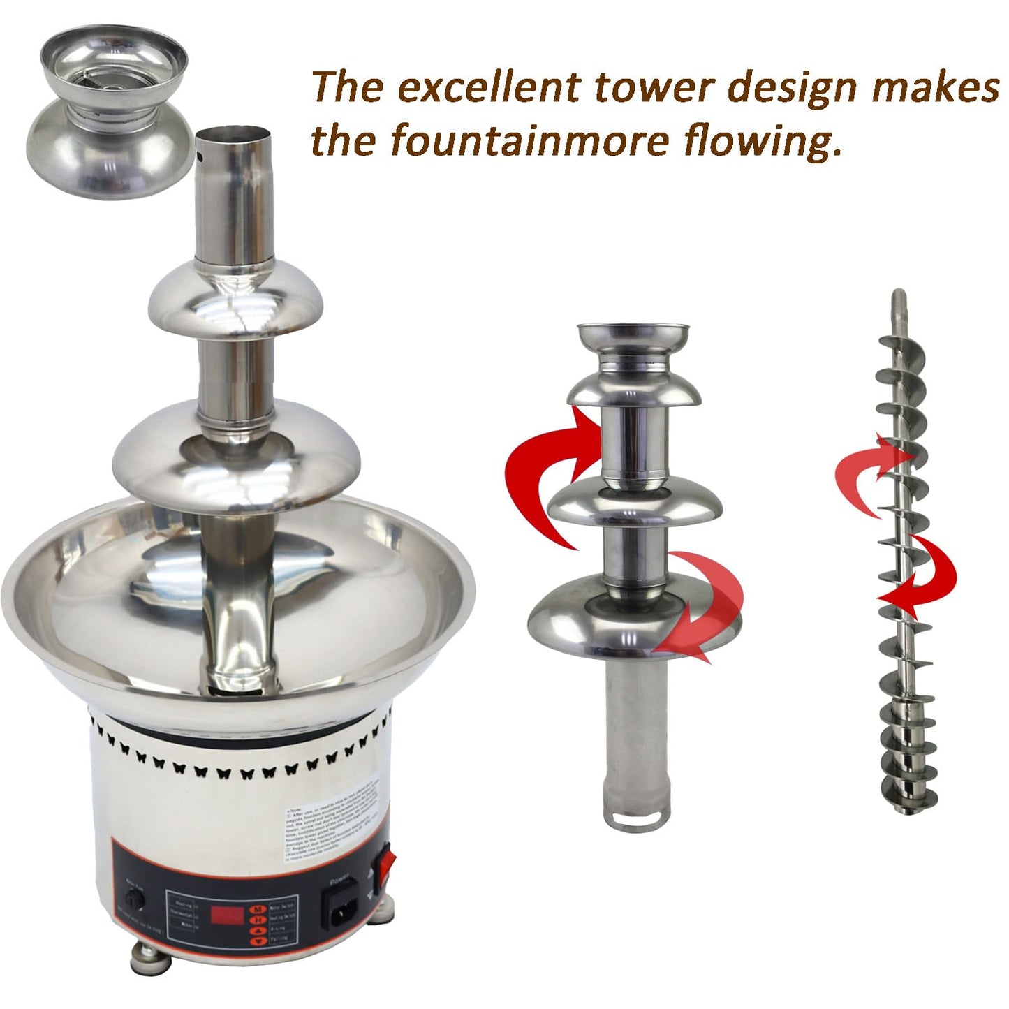 PreAsion Chocolate Fountain 110V Electric 4-Tiers Digital Chocolate Fountain Melting Machine Heating Fondue Fountain,3kg of chocolate