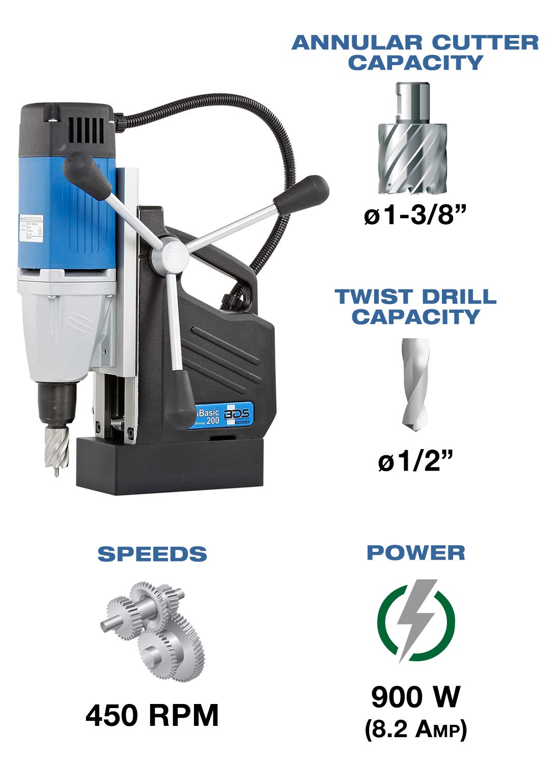 CS Unitec | MABasic 200 | Single-Speed Portable Magnetic Drill. Max Hole Capacity 1-3/8" Diameter, 8.2 Amp, 110 Volts, 450 RPM - Made in Germany