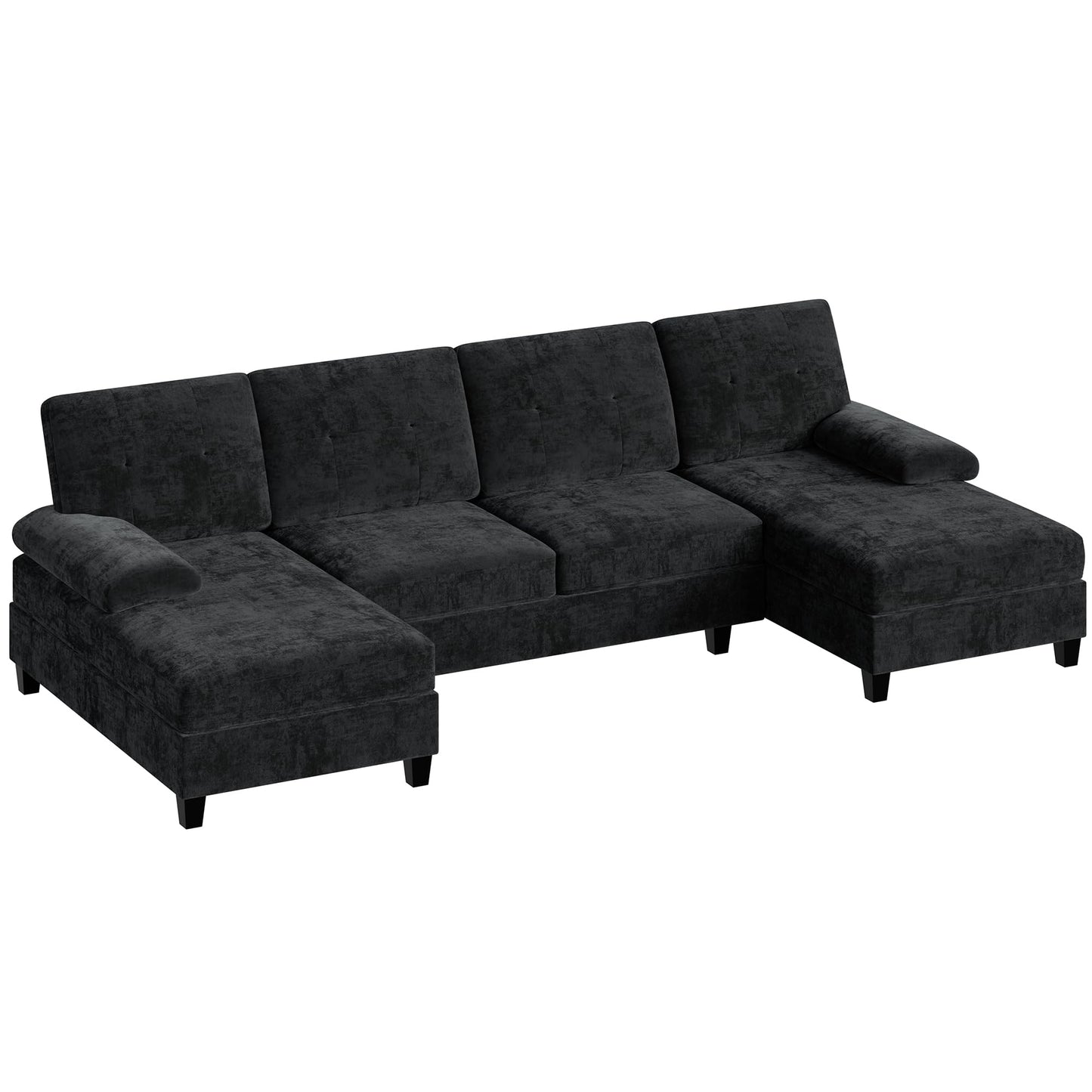 Shintenchi U-Shaped Sectional Couches for Living Room, 4 Seat Sofa with Double Chaise Lounges,Solid Wood Frame Sectional Sofa for Apartment,Black