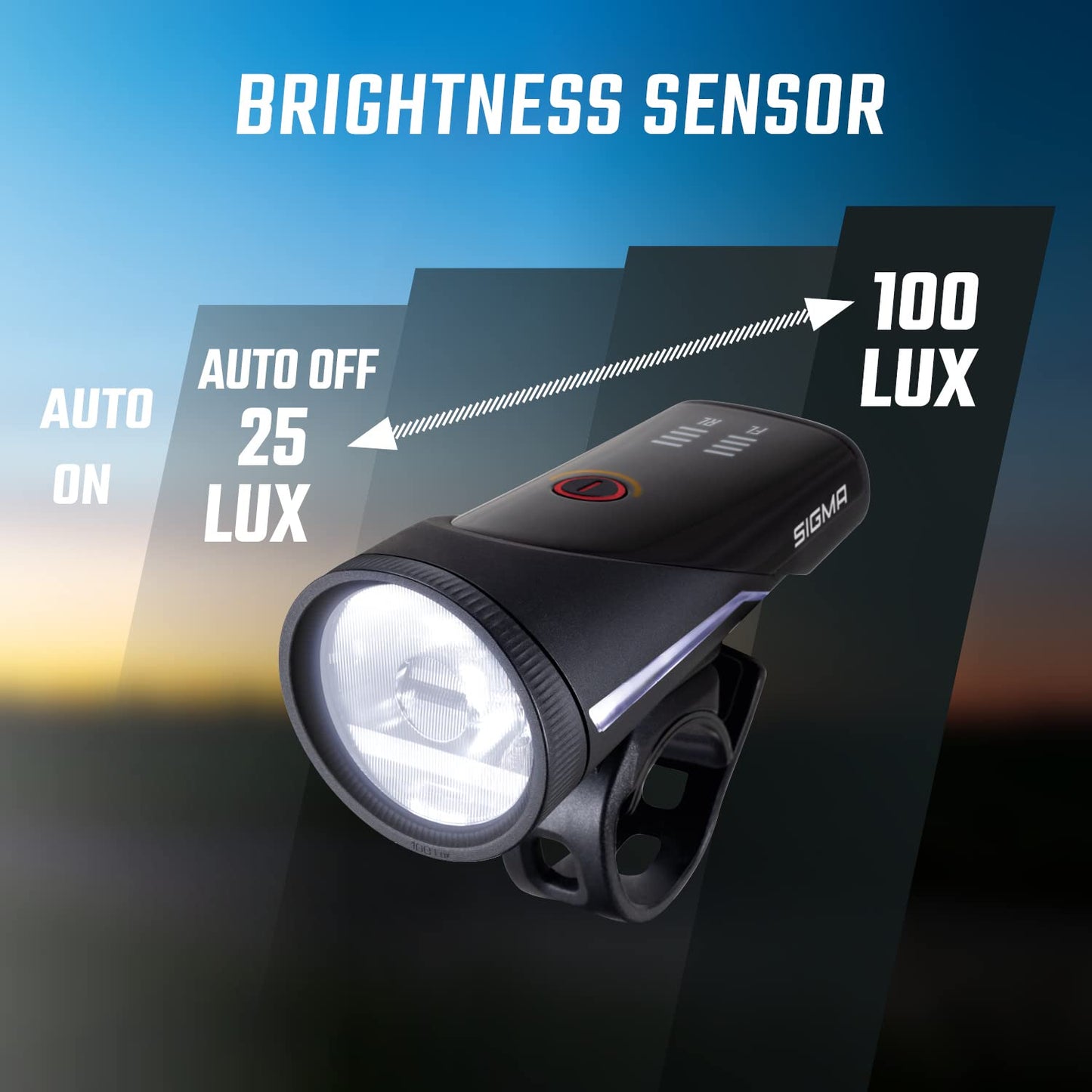 SIGMA Bicycle Light Set Aura 100/Blaze Link (Silicone Holder) Innovative Coupling Function and Automatic Light Adjustment LED Bicycle Light Front with 100 Lux Rear Light with Brake Light Function