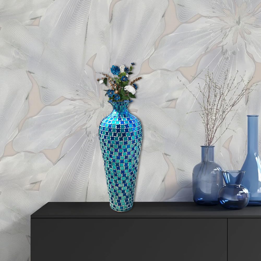 DecorShore Mosaic 20 Inch Decorative Tall Floor Vase, for Home Decor Geometric Pattern Metal Vase with Glass Mosaic- Blue and Turquoise Tessellation Pattern