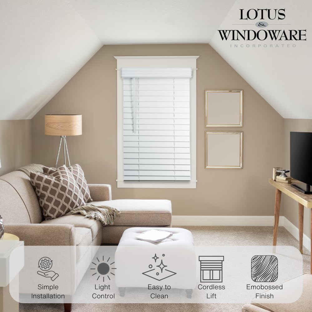 Lotus & Windoware Cordless, 2 Inch Faux Wood Blind, 34" Wide x 60" Long, Window Blinds, Blinds & Shades, Blinds for Indoor Windows, Embossed, Bright White