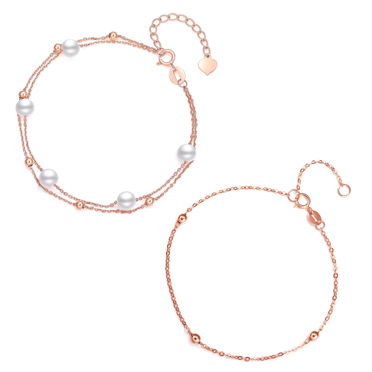 ZHOU LIU FU 18K Rose Gold Chain Bracelet Thin Link Small Beads Freshwater Pearls Bracelet Dainty Jewelry Set Layered Bracelets for Women Mom Daughter Friends Gifts Birthday Anniversary