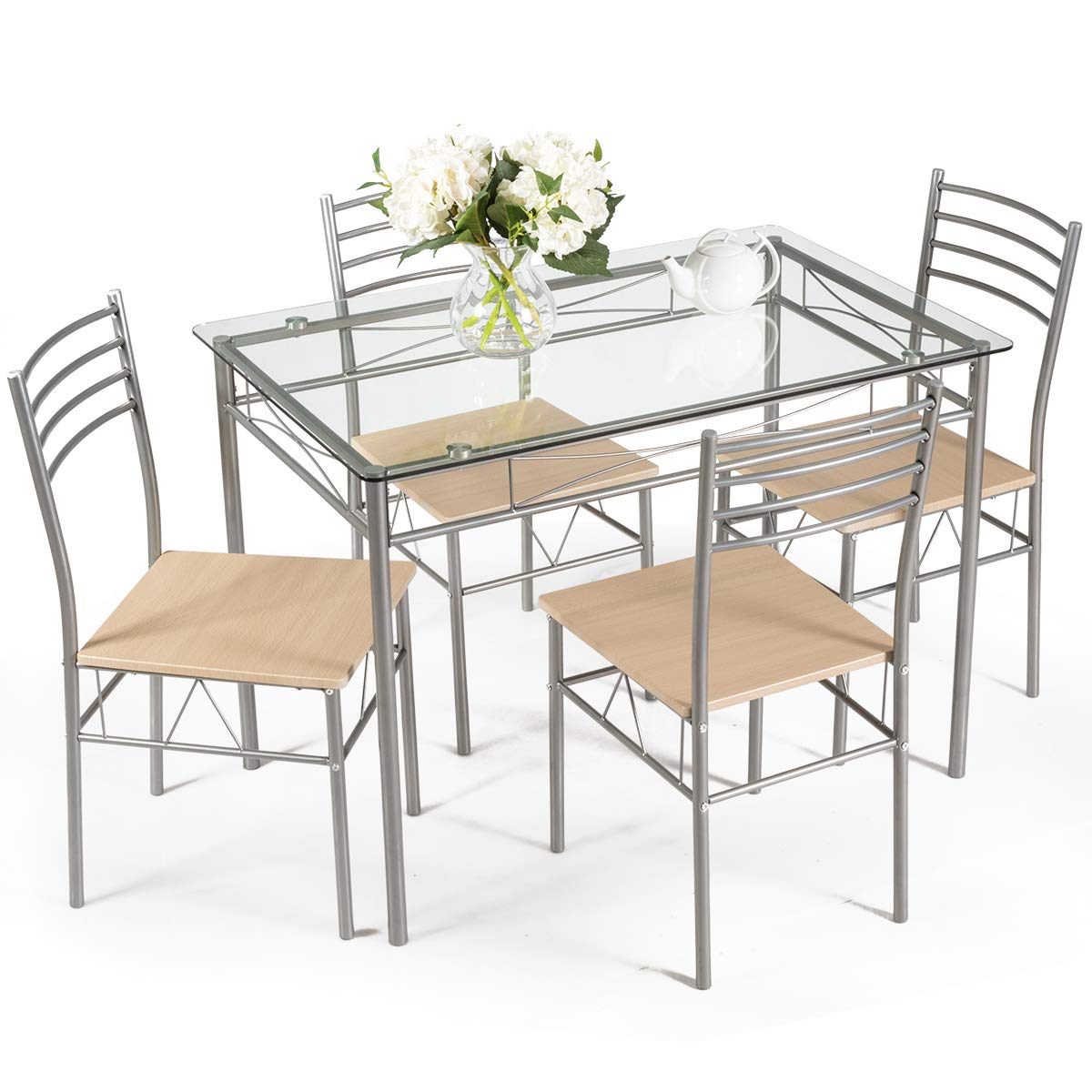 Giantex 5 Piece Dining Table Set, Kitchen Dining Set with Tempered Glass Table Top and 4 Chairs, Dinette Set for 4 for Breakfast Nook Dining Room Kitchen (Transparent)